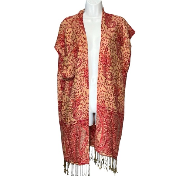Pashmina Wool Fringe Kimono Cardigan Burgundy Gold Paisley Sleeveless Open Front - Picture 3 of 8